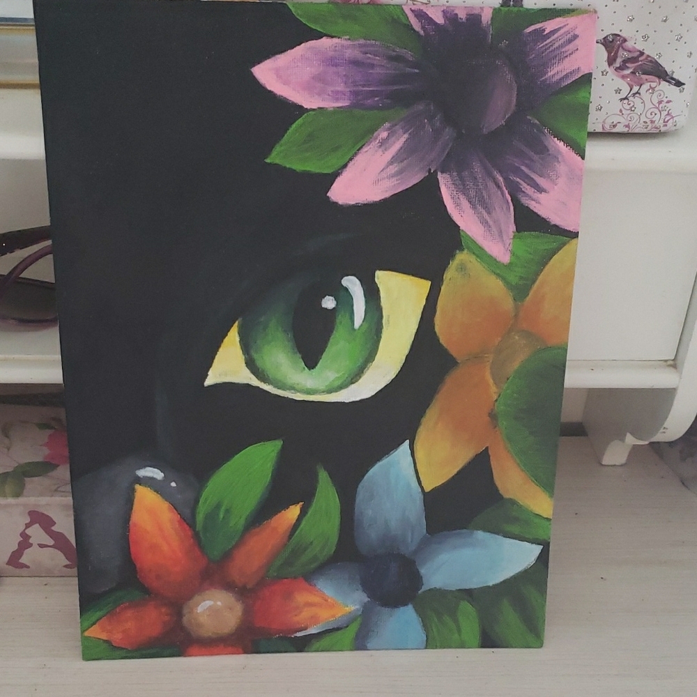 Vibrant Floral Art Canvas with Green Eye